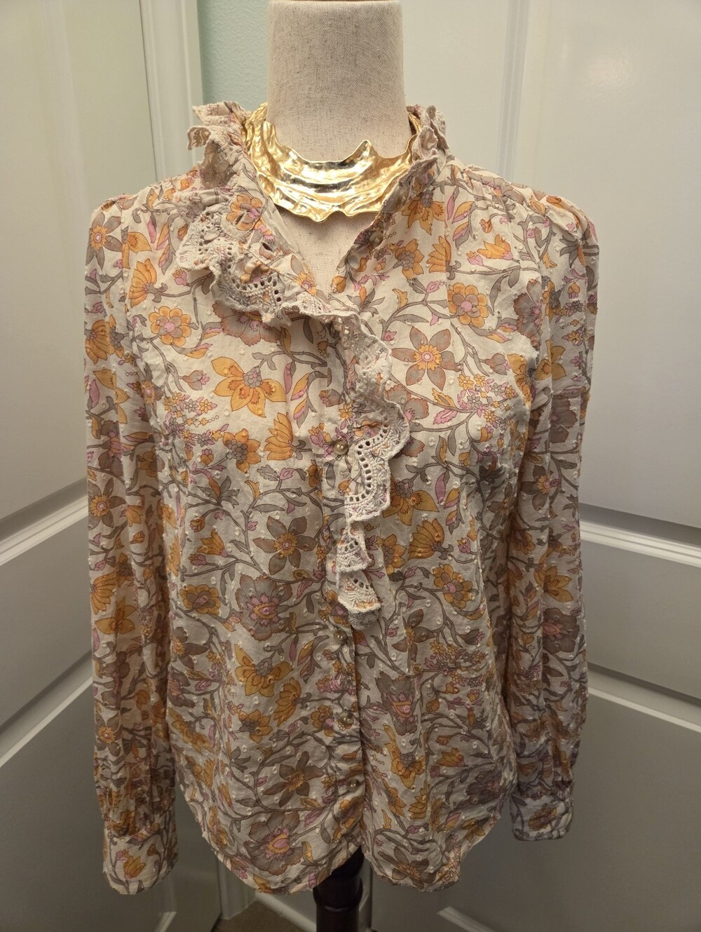 Sezane Chlo Imprime Jardin Celeste Floral Ruffle Button-Front Blouse - Size 38